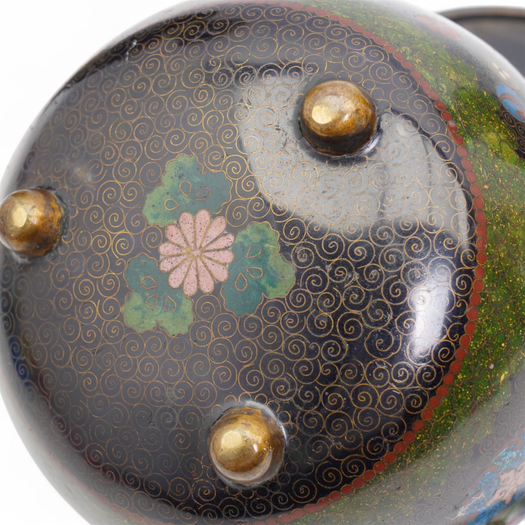 20th century Japanese jar and cover decorated with birds and flowers on a blue ground H24cm, pair of floral decorated cloisonne vases H32cm and a cloisonne pot pourri with pierced cover 
