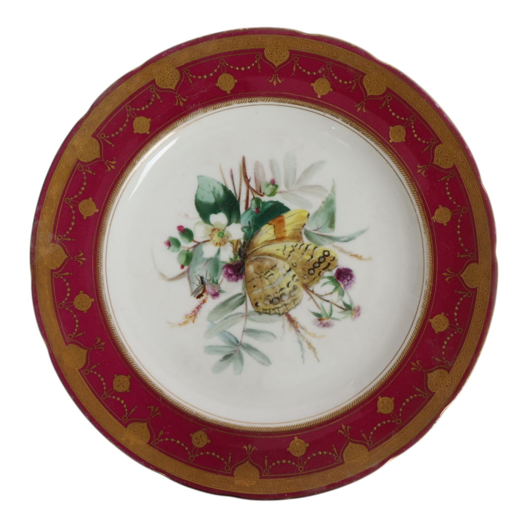 19th century Minton dessert plates, five decorated with a central ornithological study and four decorated with butterflied, each with within a red  and gilt board