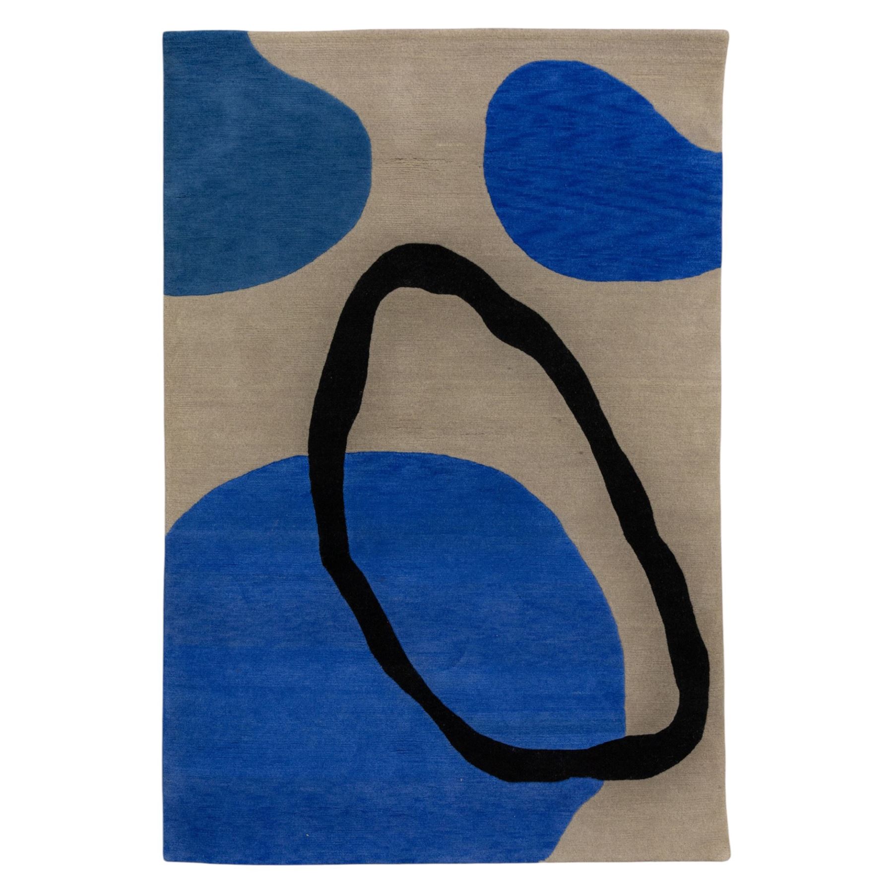 Rugs by Design - ‘Soft Landing’ Nepalese thick pile wool rug, with contemporary abstract design on a taupe ground, decorated with rounded blue forms and a bold black irregular loop motif