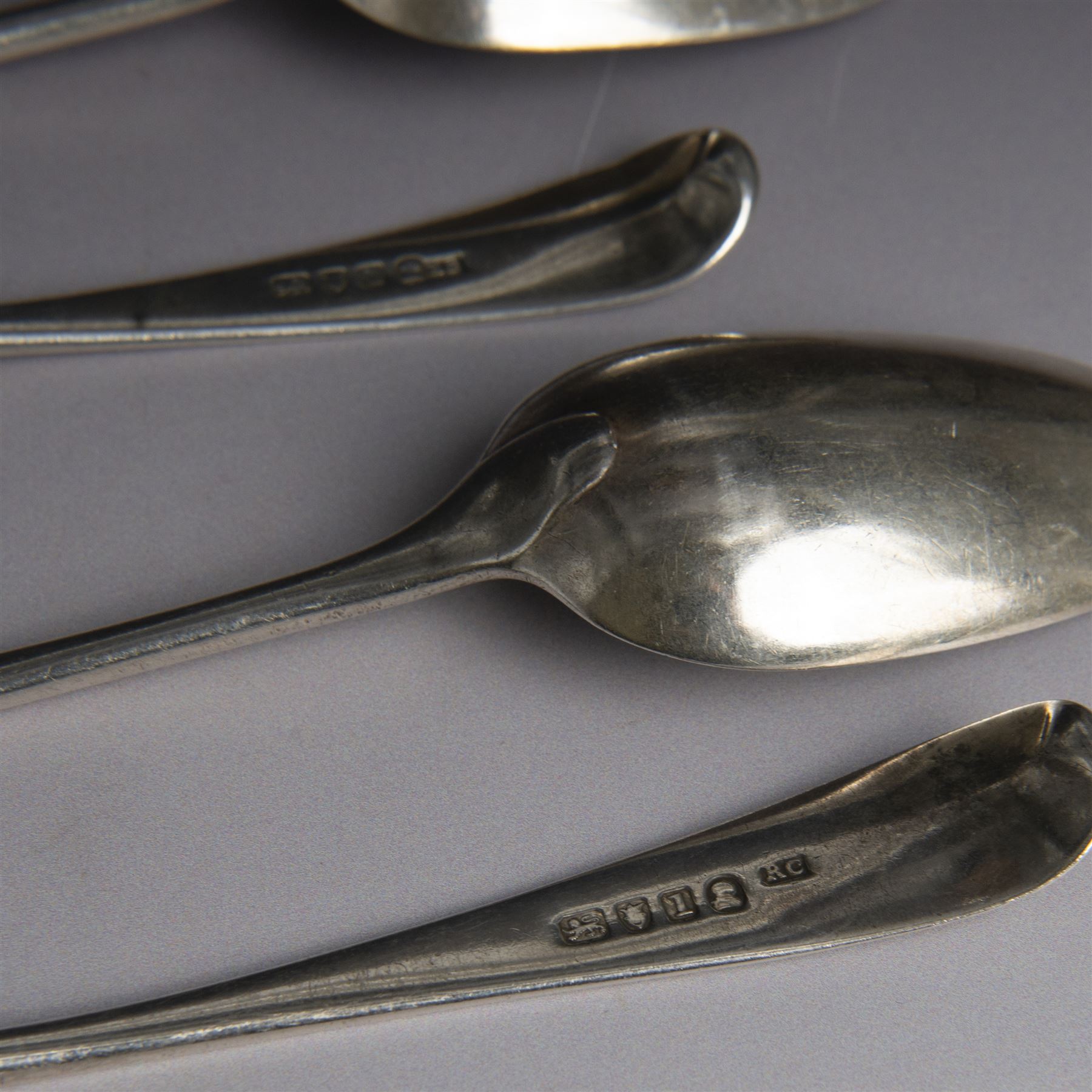 Set of six George III silver Old English pattern serving spoons, each engraved with monogram, hallmarked 	Richard Crossley, London 1786
