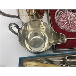 Pair of cut glass butter dishes, with hallmarked silver butter knives, together with a collection of silver plate including Georgian tankard, trophy cup and flatware, horn cutlery etc