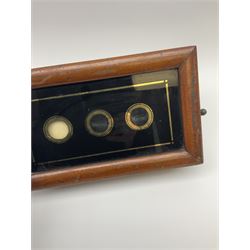 Set of brass and steel balance scales with rise-and-fall action on mahogany oblong base with moulded edge L21.5cm; and a Victorian walnut cased indicator box with three untitled apertures containing indicators inscribed 'Magnet' (2)