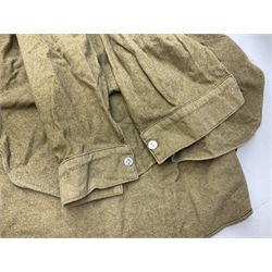 WW2 British Army khaki long sleeved shirt Size 6 dated 1945; maroon/navy blue side cap with East Yorkshire Regt. cap badge; Boy Scout belt and other items; and three reproduction German white metal badges