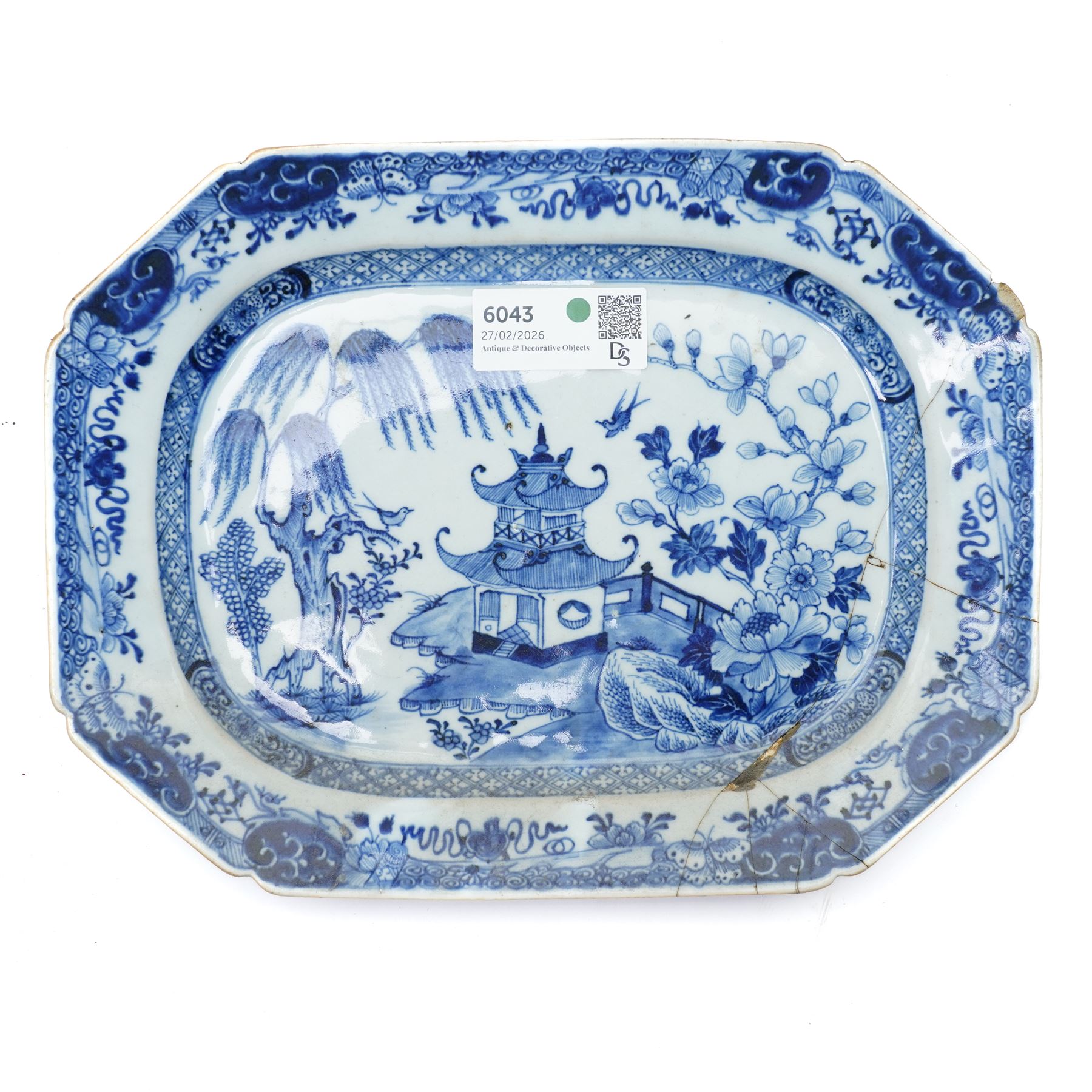  18th century Chinese export platter decorated in blue and white with a river landscape W40cm and two other Chinese export platters (3)