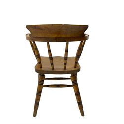 19th century elm and beech Captains elbow chair, turned supports joined by H stretcher