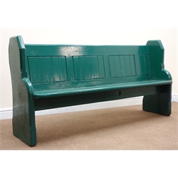  Victorian pew, painted green finish, solid end supports, W171cm  