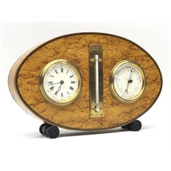  Early 20th century burr maple Weather Station, the clock and aneroid barometer with white enamel dials and central brass thermometer, oval section case on ebonised turned feet, H16cm, W26.5cm, D4cm  