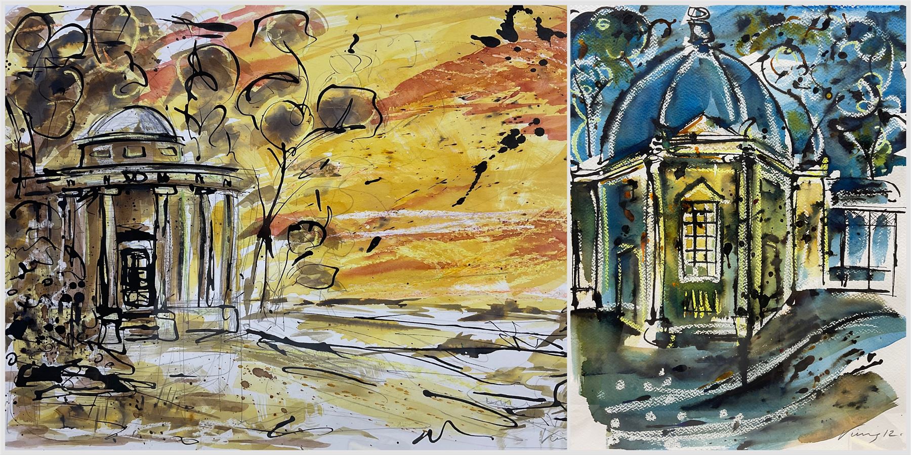 Adam King (British 1964-): 'Castle Howard' and 'The Stump Room - Harrogate', pair watercolour and inks signed and dated '11 and '12, 34cm x 45cm (2)