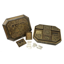 19th century Chinese black lacquer and gilt games box, of rectangular form with canted corners, the body decorated with figures amidst pagodas and prunus trees contained within stylised foliate borders, the cover further detailed with the Cook Family crest and moto 'Tutum Monstrat Iter' (He Showeth a safe road). 
Opening to reveal an interior fitted with twelve trays, mostly decorated as court and pip cards, together with seven lidded boxes containing forty eight narrow rectangular, twenty rectangular, and twenty three circular mother of pearl counters, each engraved with intricate figural narrative scenes to one side, and Cook Family crest to the other, plus a number of small Groatie Buckie Cowrie shell counters, box H12cm, L38cm, D31cm

Together with a selection of documents relating to the Cook family, including one entitled 'Royal Company of Archers, Queen's body Guard for Scotland', admitting John Cook Esquire (1813 - 1891), with seal, and another entitled 'The Speculative Society' admitting Mr John Hope Cook, (1918 – 2002), with seal and accompanying envelope. 

Provenance: From the collection of the Cook Family. 

