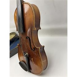 Czechoslovakian violin c1920 with 36cm two-piece maple back and ribs and spruce top, bears label 'Copy of Antonius Stradivarius Made in Czechoslovakia' L59cm; in carrying case; 1950s Czechoslovakian violin; and 195os Czechoslovakian three-quarter size violin; both cased (3)