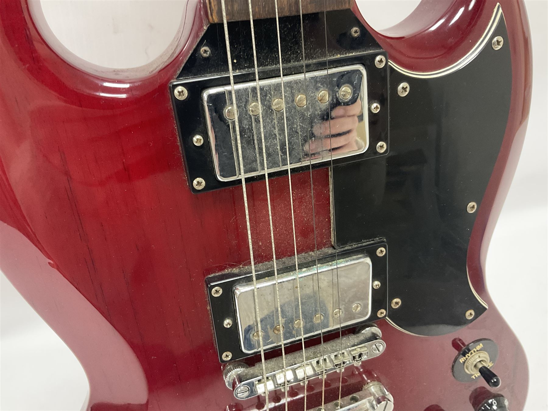 Vintage VS6M Reissued Series six string electric guitar, with solid body in cherry red finish, in carrying case, guitar L103cm