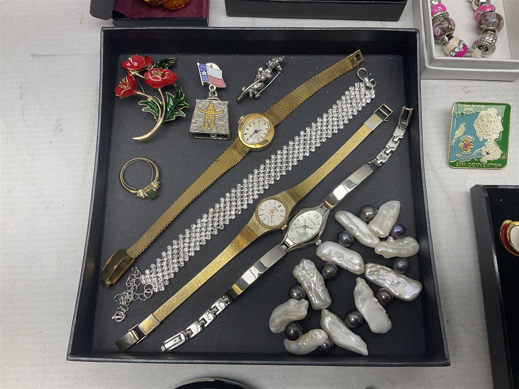 Silver-gilt drip design Lucy Q necklace, designed by Lucy Quartermaine, amber necklaces, silver-gilt stone set heart pendant, 10ct gold single stone set stud earrings, silver interchangeable pearl hoop earrings and a collection of costume jewellery and wristwatches 