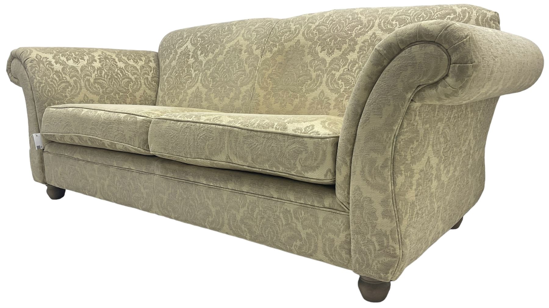 Traditional design three-piece lounge suite - three-seat sofa (W220cm, H90cm, D90cm); two armchairs (W115cm); and two footstools (77cm x 43cm, H31cm); upholstered in cream damask fabric