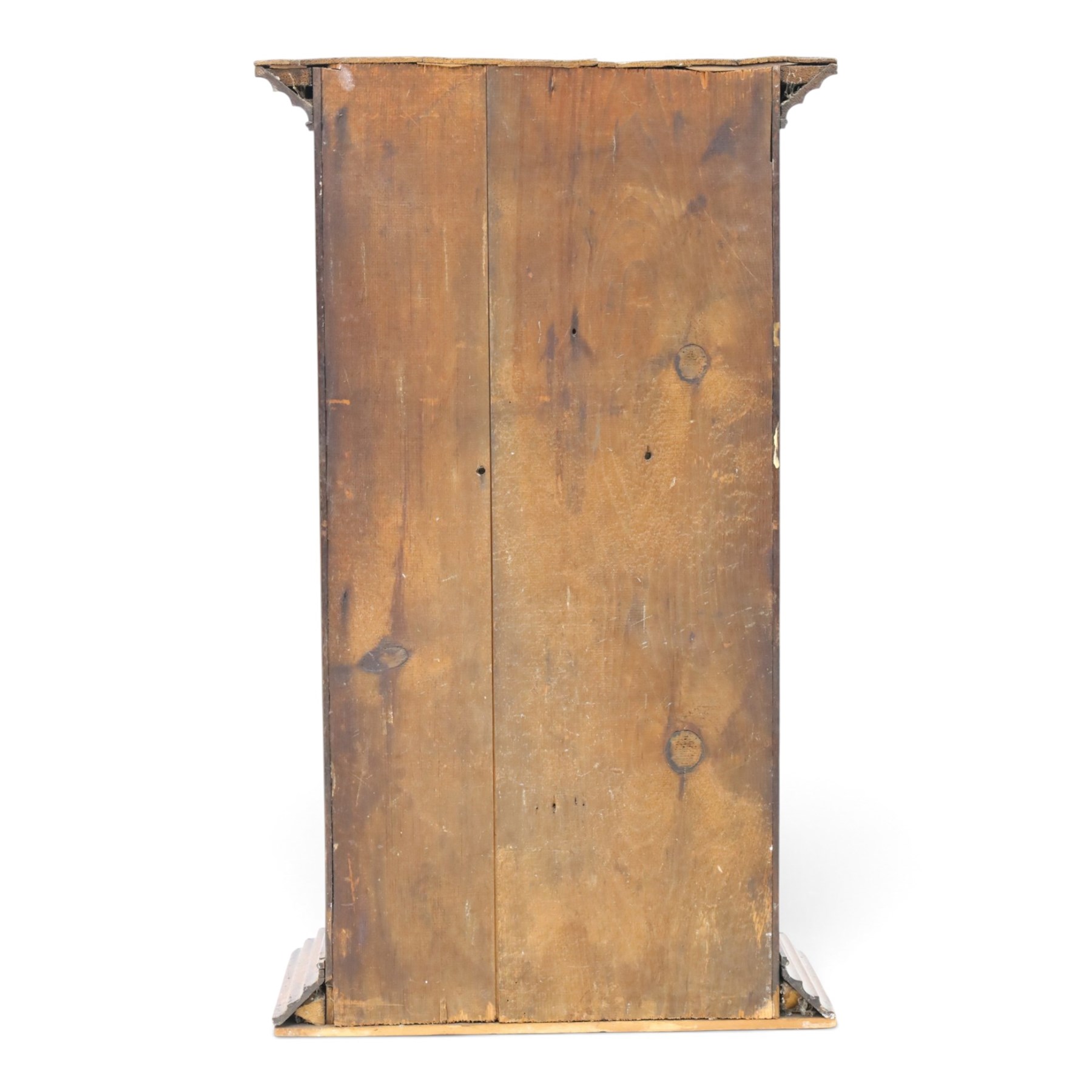 19th century clock trunk cupboard, veneered front with cantered corners, stepped plinth base