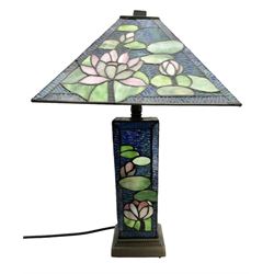 Tiffany Pond Lily style table lamp and shade with leaded panels of green, pink and rippled blue water effect ground, raised upon brushed metal base, H50cm