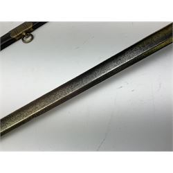 Five-ball spadroon sword with 78.5cm fullered steel blade and brass hilt with fluted swollen grip; in brass mounted leather scabbard, the locket with traces of the makers name John Knubley 11 Charing Cross L97.5cm overall