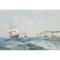 Frank Henry Mason (Staithes Group 1875-1965): Three Masted Sailing Vessel and Paddle Steamer off Flamborough, watercolour heightened in white signed with initials 18cm x 27cm