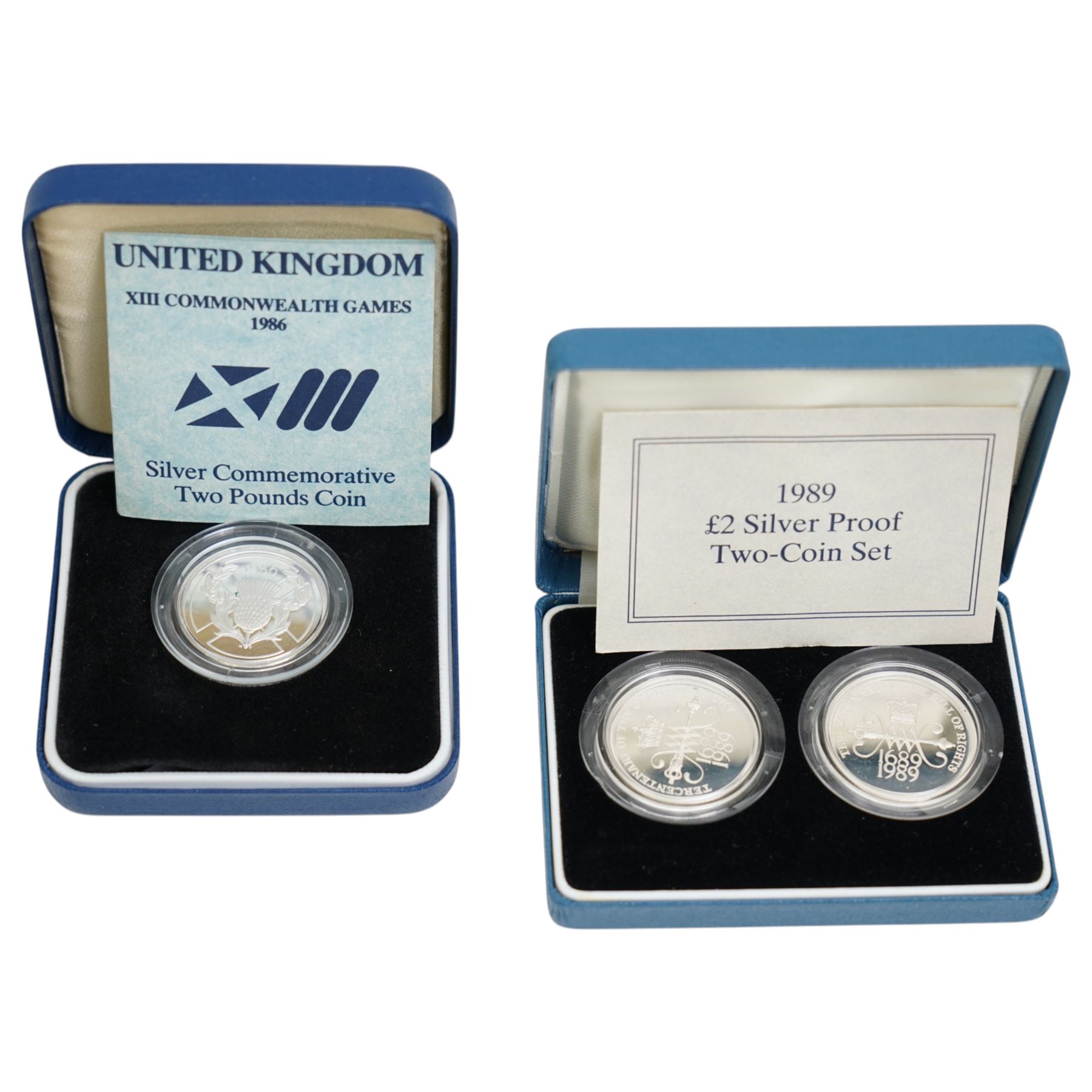 Six The Royal Mint United Kingdom silver proof coins or sets, comprising 1980 crown, 1981 crown, 1981 Jersey one pound, 1983 one pound, 1986 two pound, 1898 two pound two coin set, all cased with certificates, together with two further silver proof one pound coins, 2003 and 2004, encapsulated with certificates