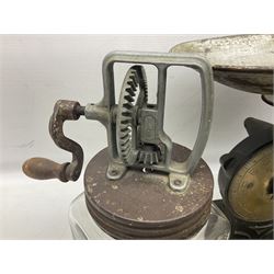 Glass jar hand crank Slow Butter Churn, together with Salter's scales, pair of brass candlesticks etc