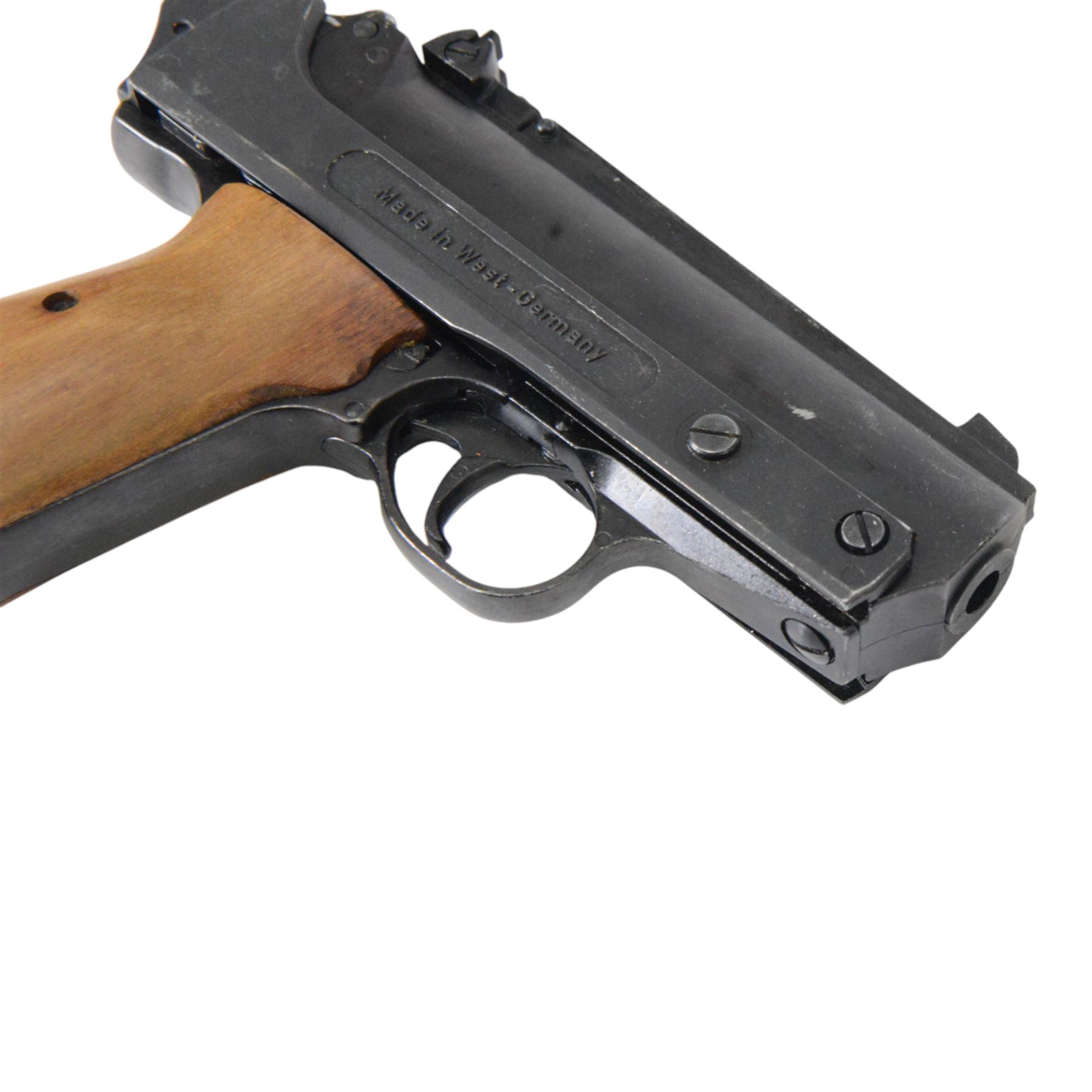 FB Record Jumbo .177 air pistol with shaped wooden grips and adjustable sights, L18cm