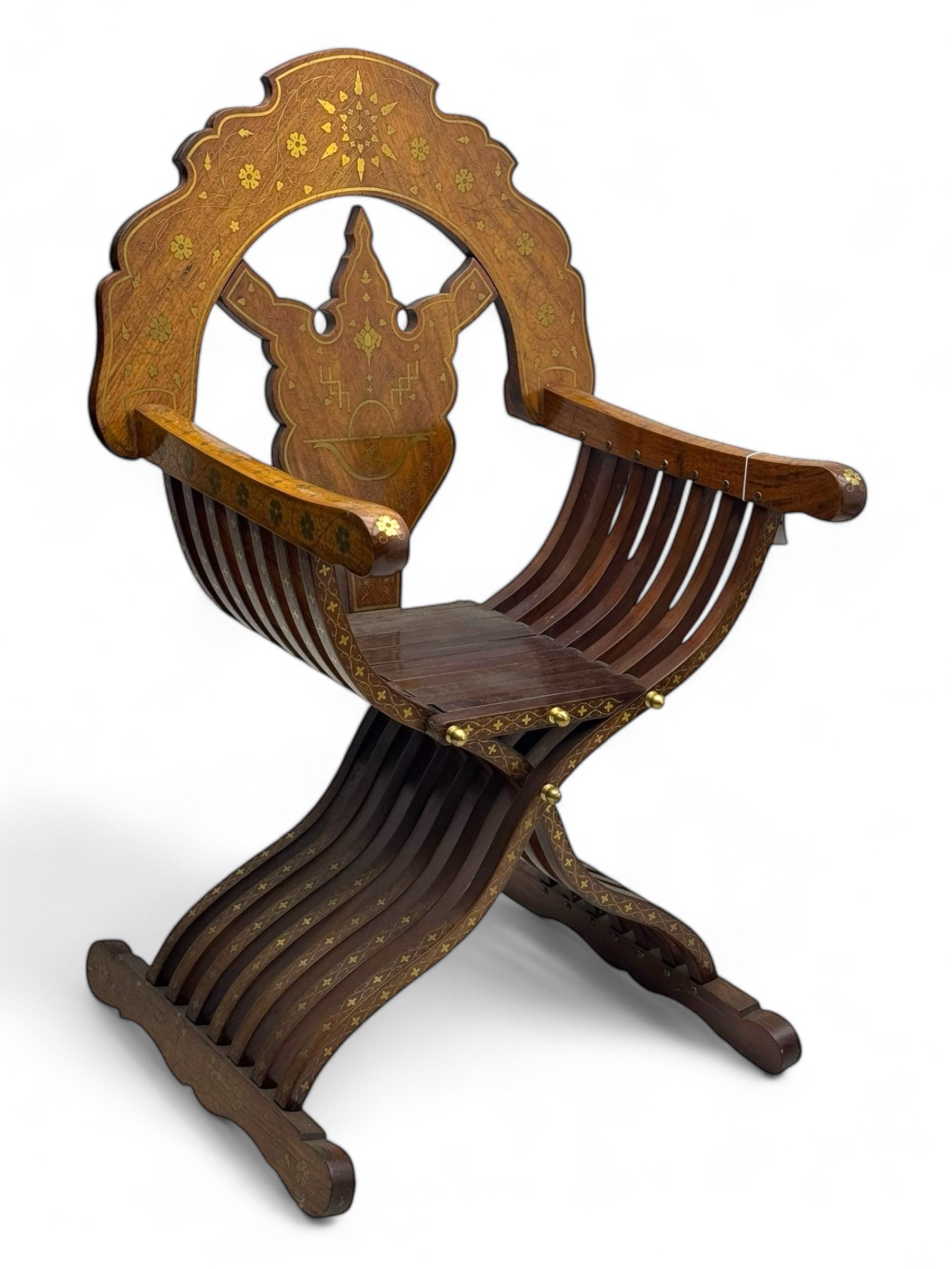 Late 20th century brass inlaid hardwood throne chair Antique