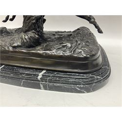 After E Loiscay, bronzed figure group, modelled as two race horses, signed E Loiscay, upon a stepped marble plinth, overall H28cm