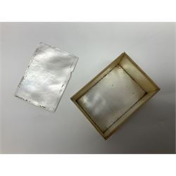 Victorian glass rolling pin, black basalt teapot, mother of pearl box with foliate engraving and sliding lid, and a wooden writing slope, with purple velvet interior, writing slope H14cm