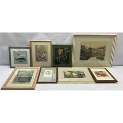 Collection of pastels and watercolours of animals etc, further prints and a Royal Doulton Melissa pattern from the Roman Collection teawares, to include teacups, saucers, milk jugs, sucrier, etc., in one box 