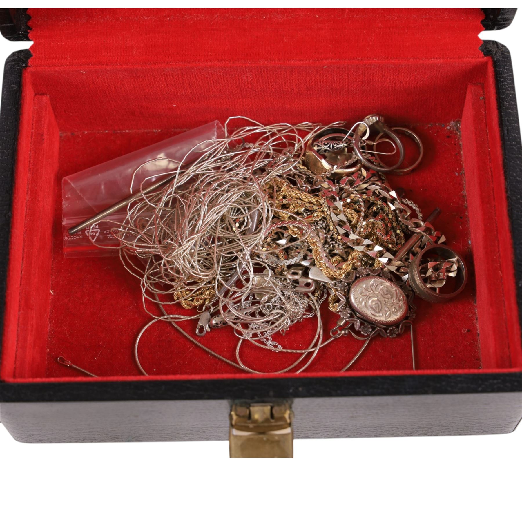 14ct gold ring, 9ct gold jewellery, including fan charm, necklace chain, two pairs of earrings, silver jewellery, including necklace chains, earrings, rings, etc