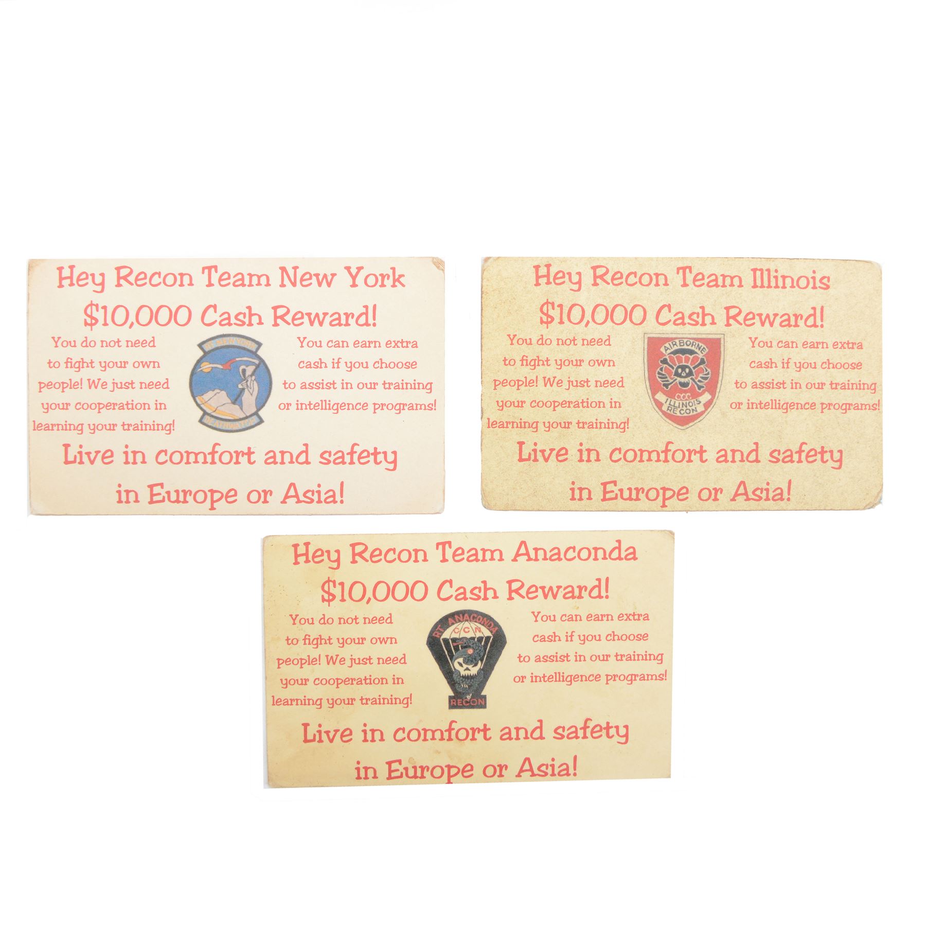 Vietnam War. North, three Vietnamese propaganda money cards, for Recon Teams Illinois, Anaconda and New York, $10,000 Cash Reward, H8cm, L12cm