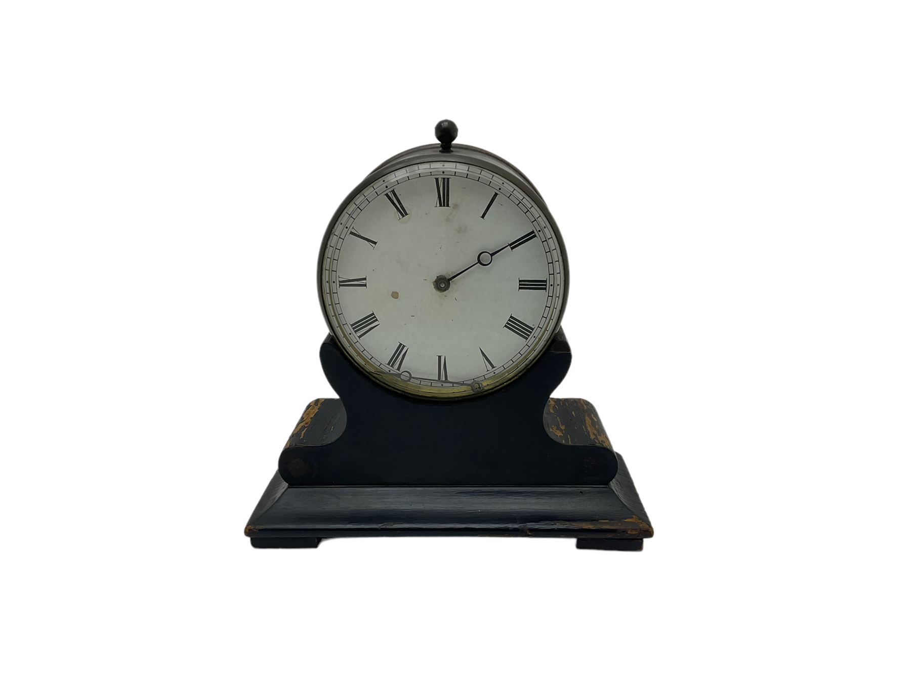 Late 19th century French Drum clock with an 8-day “tick-tack” movement, circular brass case and ebonised wooden stand, white card dial with roman numerals and steel moon hands, Parisian movement stamped VAP (Victor Athanase Pierret) with a deadbeat escapement, integral pendulum and key, wound and set from the rear.