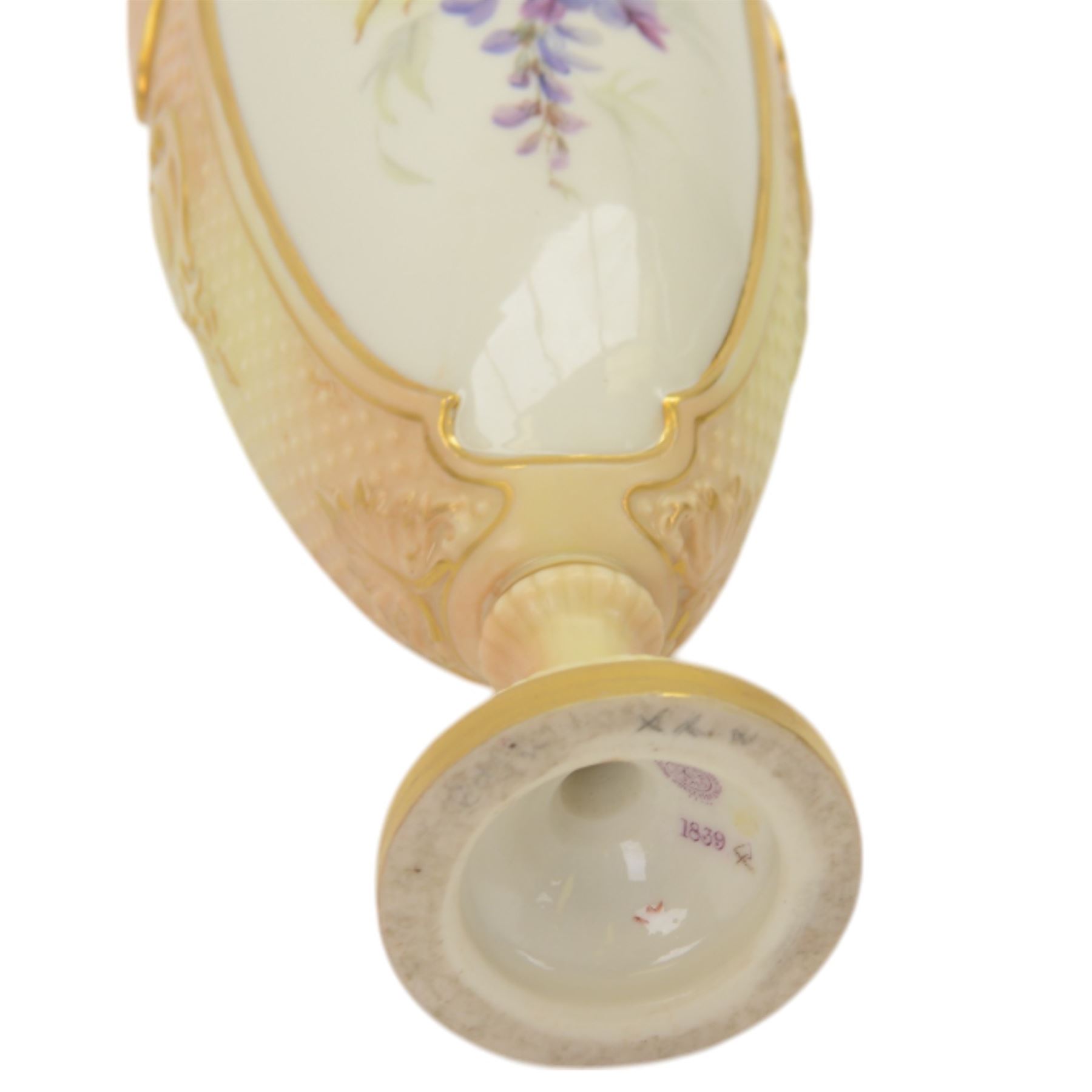 20th century Royal Worcester twin handled pedestal vase, the panels decorated with wisteria and signed Cole, with puce printed mark beneath, H27cm