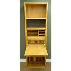  Oak finish bookcase/workstation, four open shelves, fall front enclosing fitted interior, W60cm, H192cm, D33cm  
