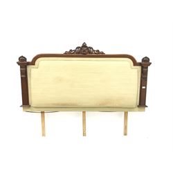 Victorian mahogany framed double headboard, carved and pierced cresting rail, upholstered in a pale gold fabric