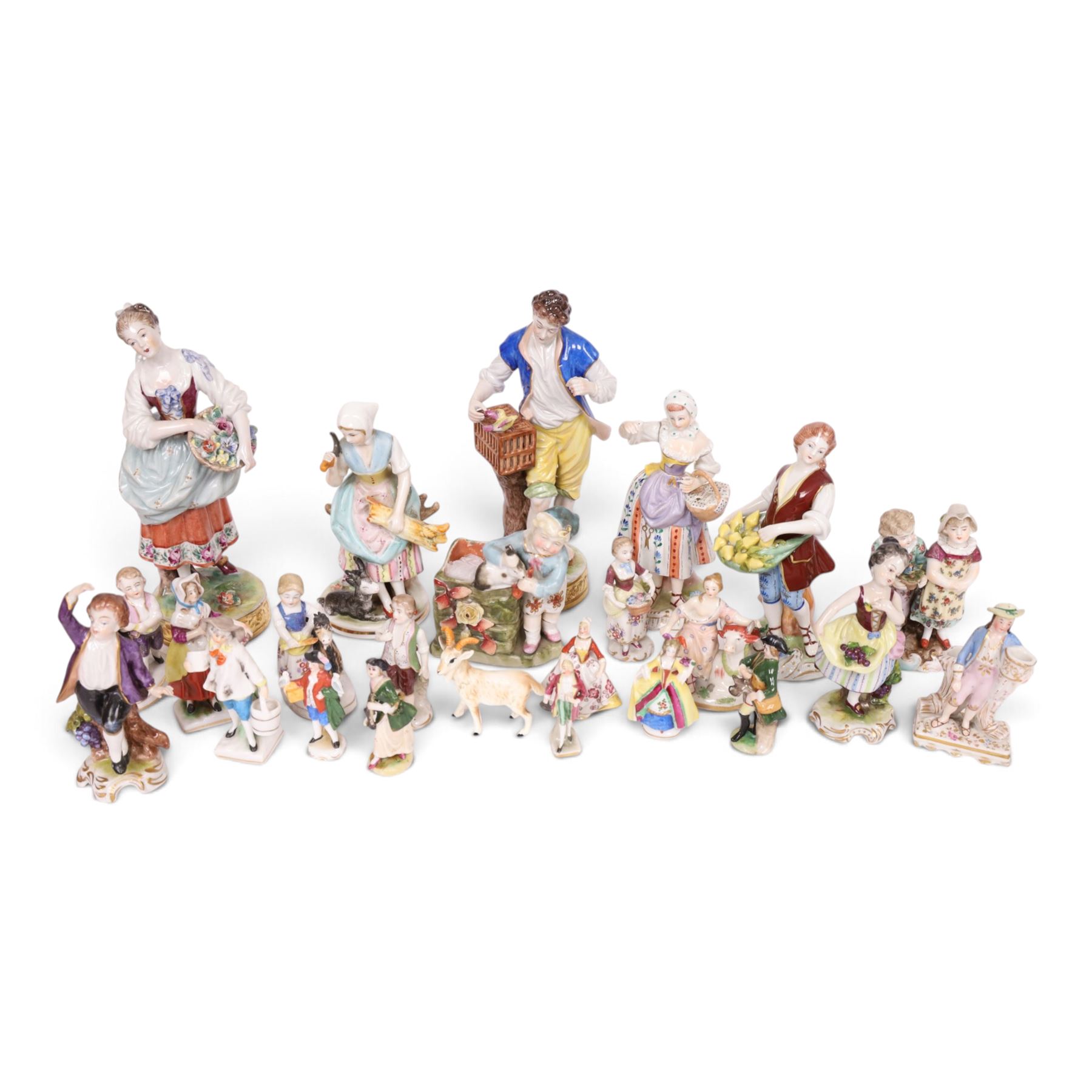 Volkstedt, pair of figures, the flower seller and the bird seller, together with Dresden fruit seller and card seller, with other continental figures