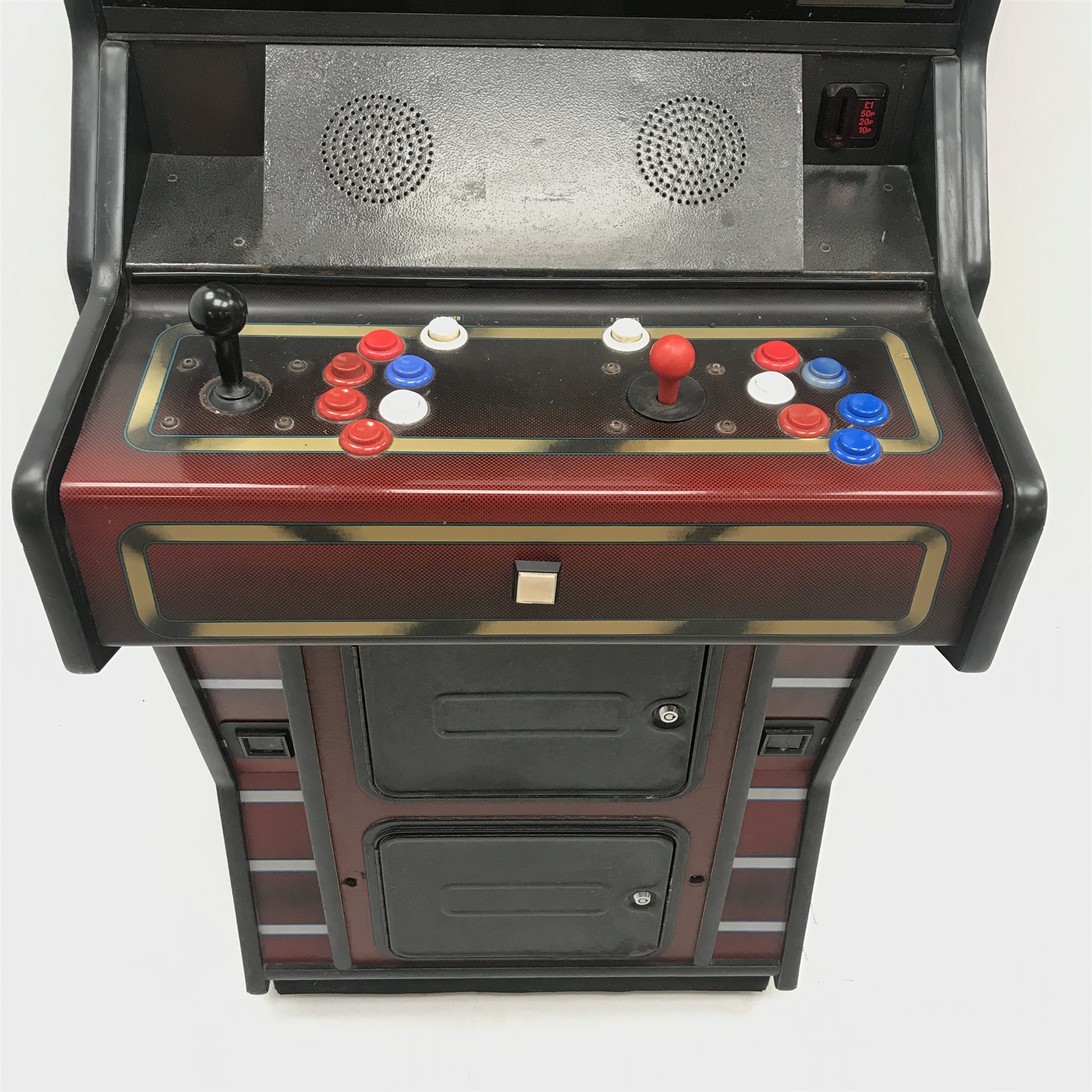 Electrocoin 'Xenon' arcade machine, with two game cartridges 'R-Type Leo' and 'Seibu Soccer', W69cm, H187cm, D93cm