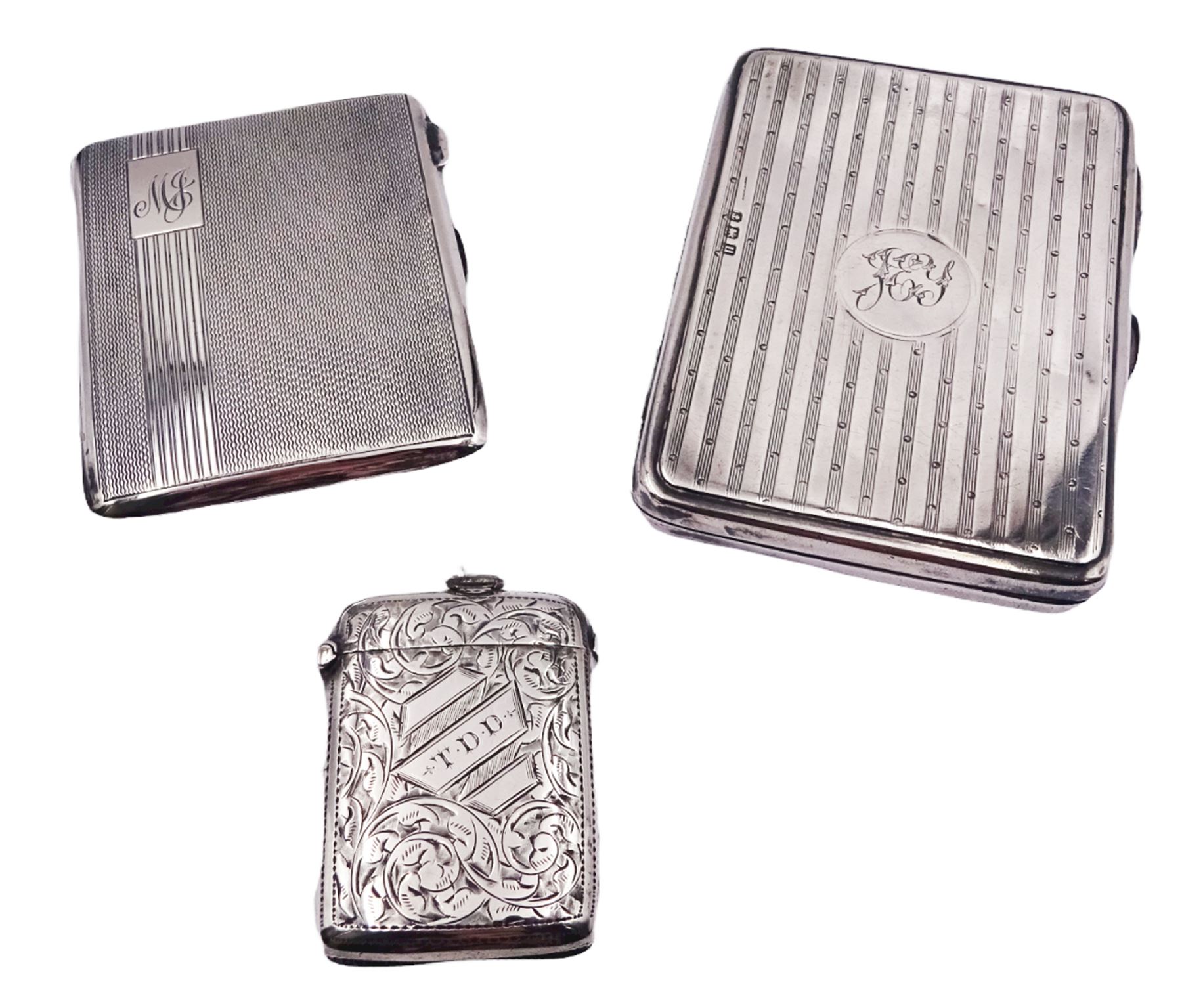 1930's silver cigarette case, hallmarked Mayes, Mills & Co, Birmingham 1938, and an early 20th century silver cigarette case, hallmarked Birmingham 1919, makers mark worn and indistinct, both with engine turned decoration, together with a late Victorian silver vesta case with engraved initials and foliate scroll decoration, hallmarked William Vale & Sons, Birmingham 1900, approximate total weight 6.68 ozt (208 grams)
