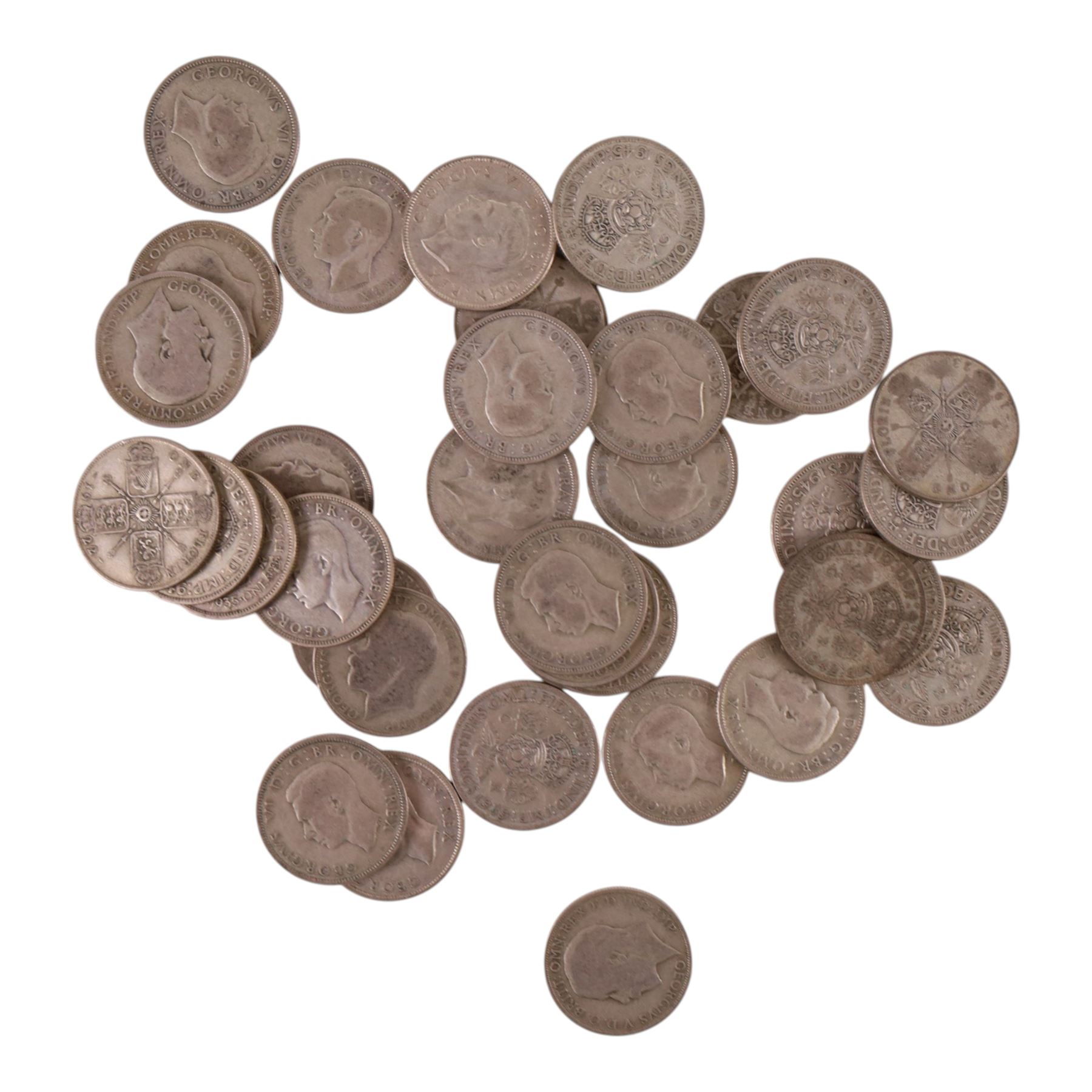 Approximately thirty-seven Great British pre-1947 silver one florin or two shilling coins