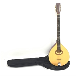Ozark Romania Stentor flat-back bouzouki long necked eight-string lute with mahogany stained back and spruce top, bears label dated 2009, L95cm, in soft carrying case