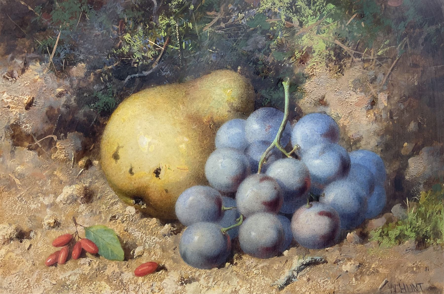 William Henry Hunt (British 1790-1864): Still Life of Grapes and a Pear, watercolour signed 15cm x 22cm 