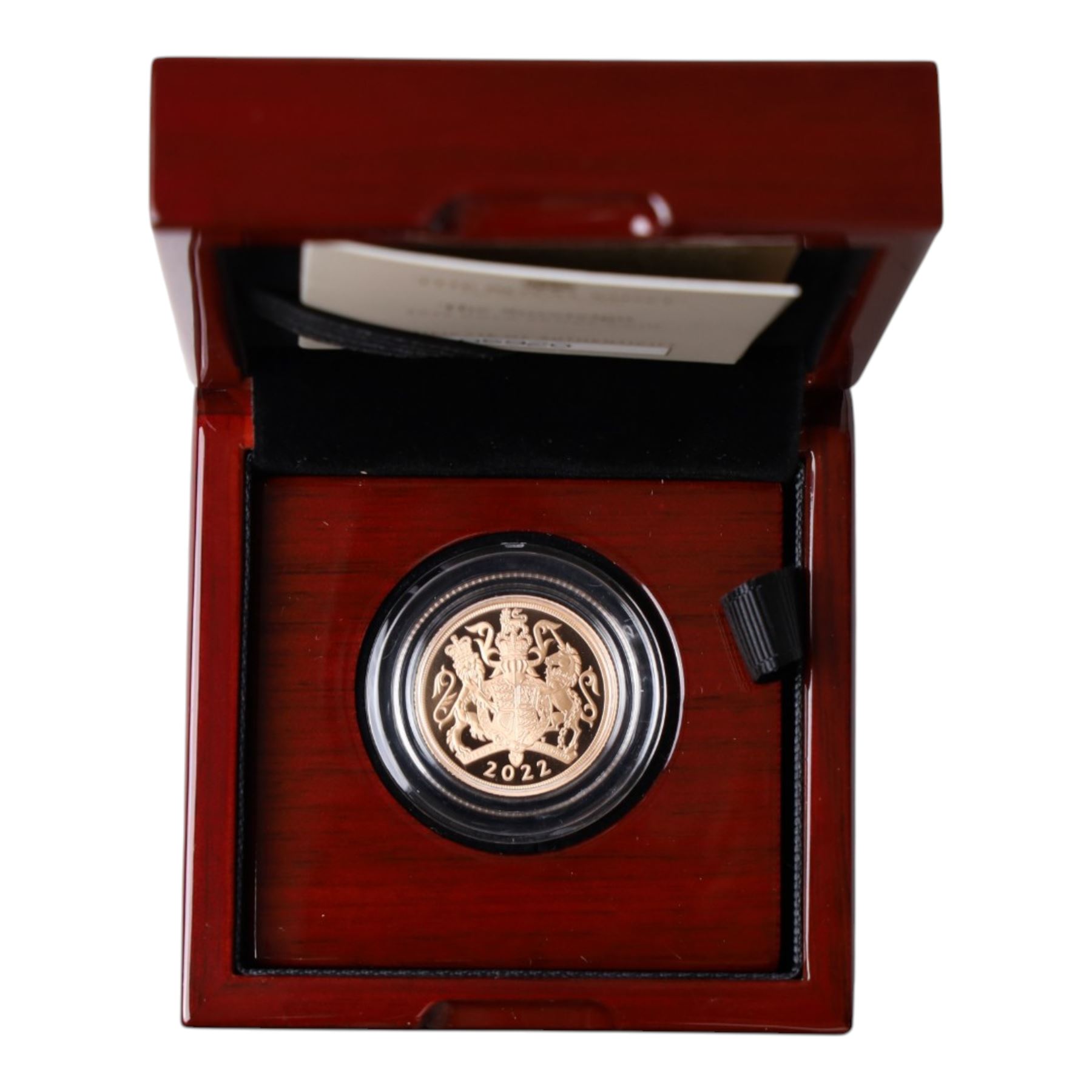 Queen Elizabeth II 2022 gold proof full sovereign coin, cased and boxed with certificate 
Notes: the last sovereign produced in the reign of Queen Elizabeth II