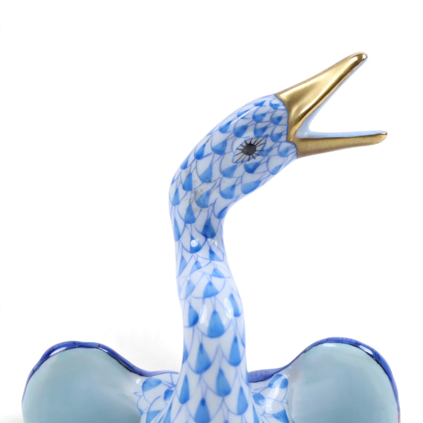 Herend, Hungary - Pair of ducks in blue fishnet decoration, together with goose in the same design and Herend trinket dish decorated with birds and insects, goose H11cm 