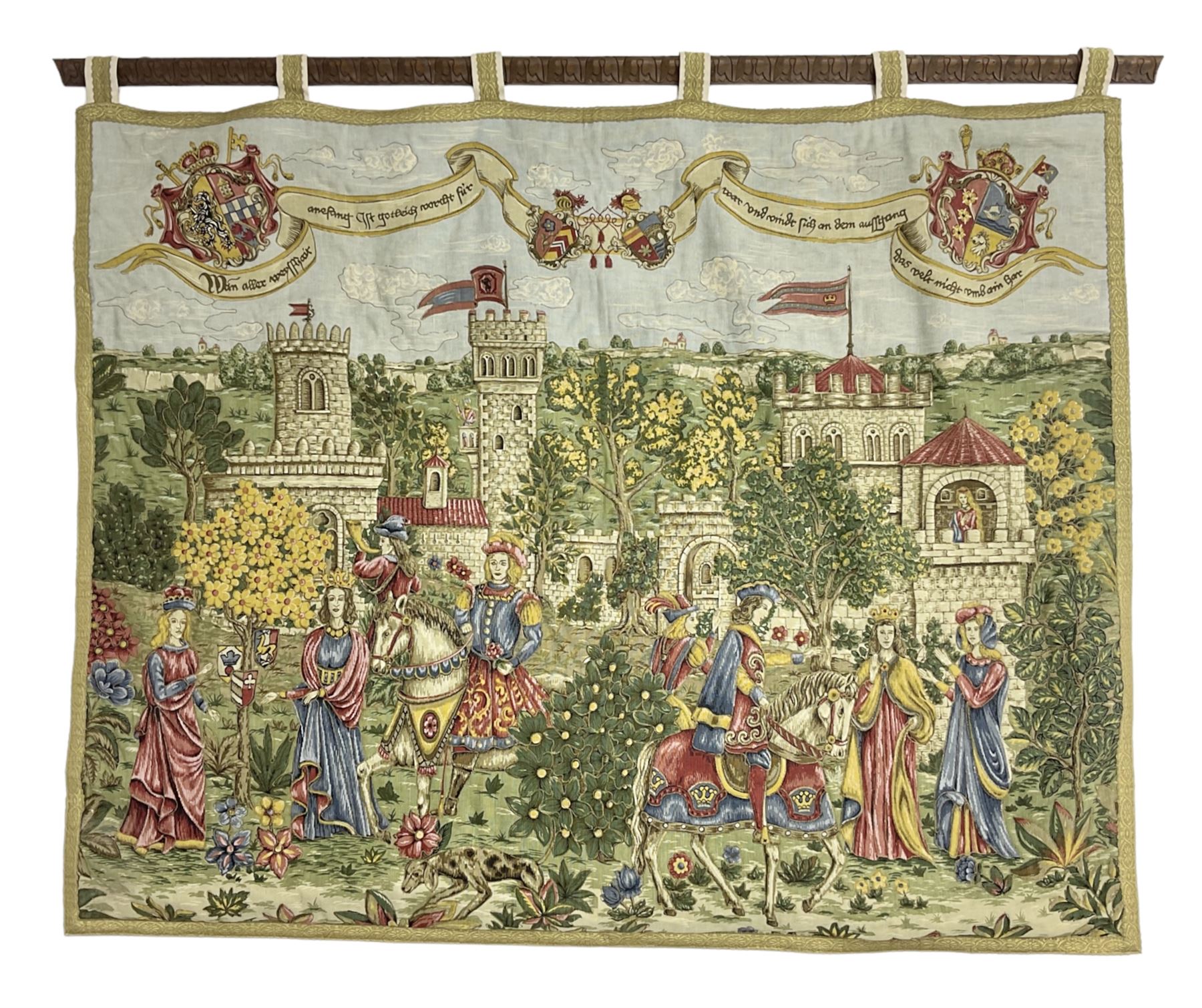 Medieval style German tapestry wall hanging suspended from carved oak pole depicting fairy-tale Rapunzel scene, H126cm W160cm approx 