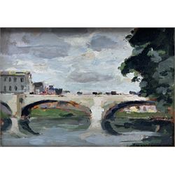 Bernard Lamotte  (French 1903-1983): City Bridge, oil on panel signed, dated 1950 verso 23cm x 33cm