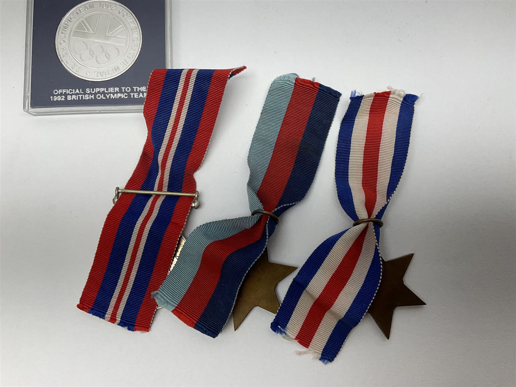 WW2 group of three medals comprising 1939-1945 War Medal, France & Germany Star and 1939-1945 Star; all with ribbons; 1930s Hull Savings Bank silver and enamel presentation fob; three medallions depicting Hitler, Mussolini and Mao Tse Tung; quantity of modern crowns and other coins; and a 6mm Flobert style starting pistol