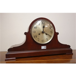  Early 20th century Vienna type wall clock, twin train movement striking the half hours on a gong, H86cm and an arched mahogany cased mantel clock with silvered Arabic dial, twin train movement striking the half hours on a coil, H32cm (2)  