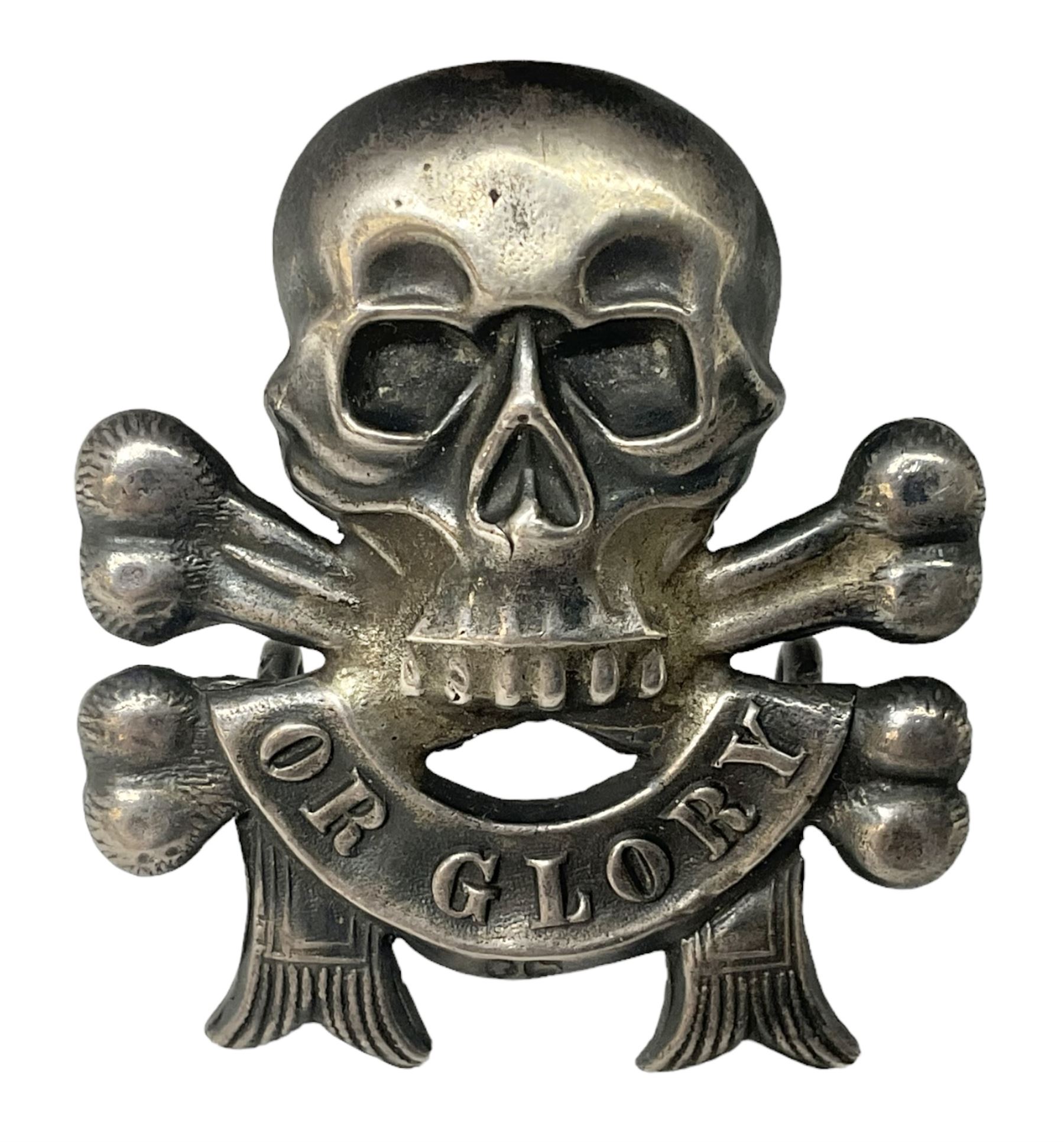 17th DCO Lancers Victorian NCO silver pre-1890 arm badge; early die-stamped skull and crossed bones stamped with Victoria head and lion; two loops verso