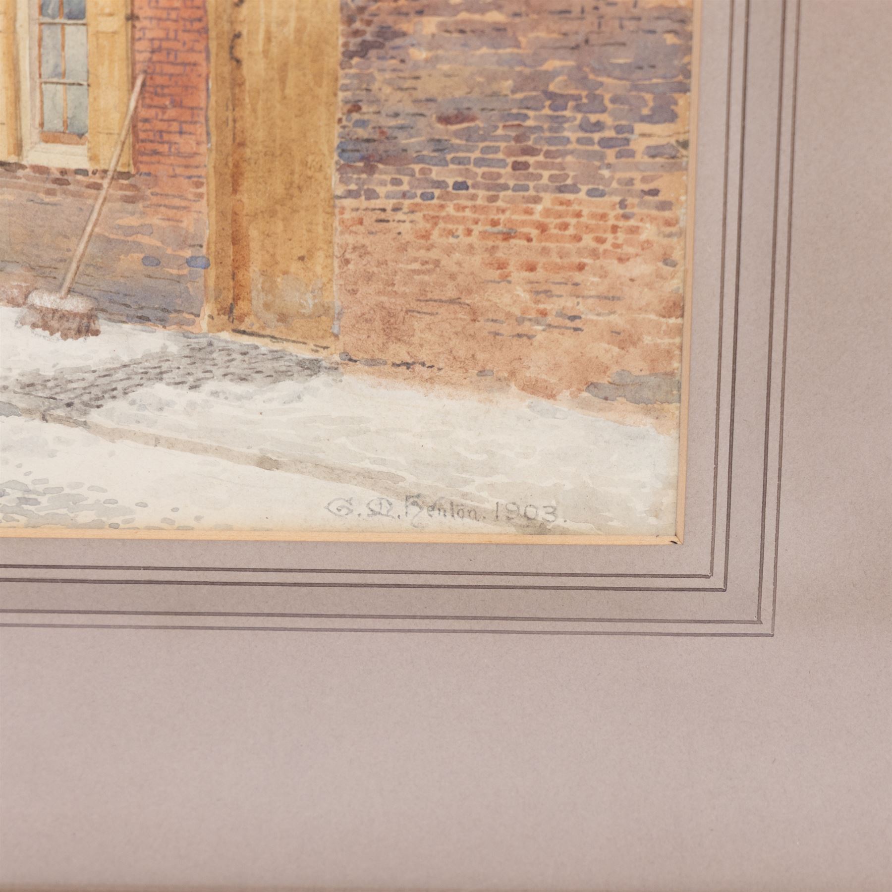 George Moore-Henton (British 1861-1924): 'Houses in the Newarke - Leicester', watercolour signed and dated 1903, titled on original artists label verso and inscribed 'the nearest one was demolished in 1903', 28cm x 39cm 