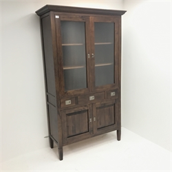 Contemporary stained hardwood glazed cabinet, two glazed doors above two drawers and two cupboards, square tapering supports, W115cm, H196cm, D48cm