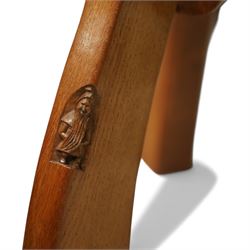 Gnomeman - oak spinning chair, shaped adzed back with carving of a Yorkshire rose, adzed seat with wedged through tenons, on square chamfered supports, signature carved Gnome by Thomas Whittaker of Littlebeck